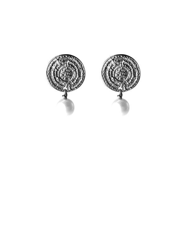 Coins Stud silver round pearl earrings